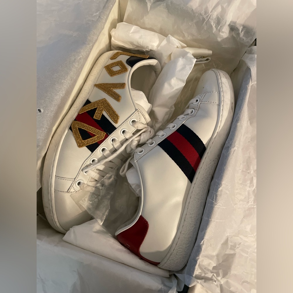Gucci Ace “Loved” Embroidered Sneakers White Leather Women